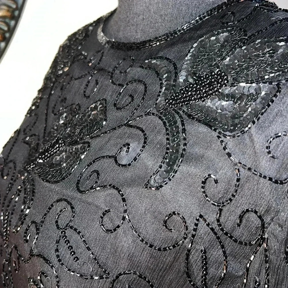 Stenay Women’s 100% Silk Black Beaded Sequin Vintage Scalloped Hem Size Medium - Picture 3 of 16
